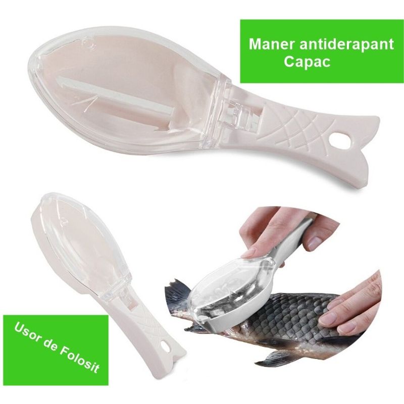 Casa si Gradina - Bucatarie si vesela - Ustensile bucatarie - Razatori si curatatoare - Curatator Manual Solzi de Peste, Flippy, Forma Peste , Recipient cu Capcac pentru Solzi, Plastic, Roz pal, 16x6 cm - Infinity.ro