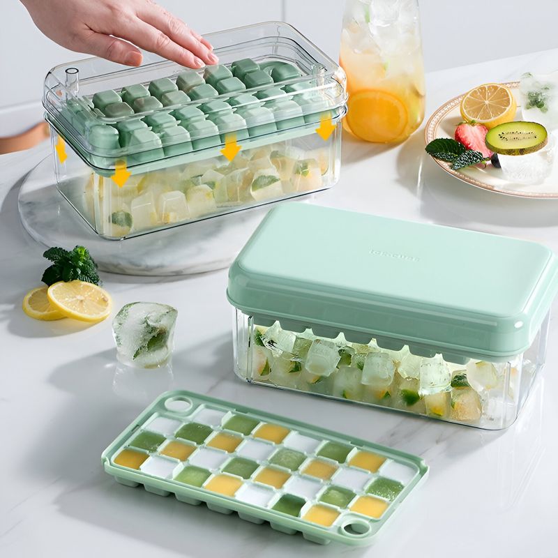 Casa si Gradina - Bucatarie si vesela - Accesorii bar - Forme cuburi de gheata - Set Cutie pentru Gheata, Flippy, Uz Casnic, 1 Tavita pentru Cuburi, Capac Etans, Lopata, 23.5x13.3x10 cm, Verde - Infinity.ro