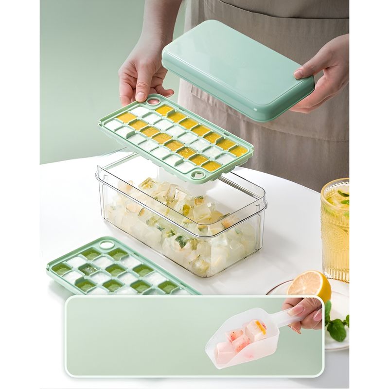 Casa si Gradina - Bucatarie si vesela - Accesorii bar - Forme cuburi de gheata - Set Cutie pentru Gheata, Flippy, Uz Casnic, 1 Tavita pentru Cuburi, Capac Etans, Lopata, 23.5x13.3x10 cm, Verde - Infinity.ro