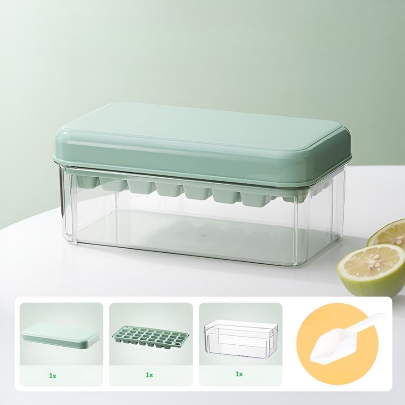 Casa si Gradina - Bucatarie si vesela - Accesorii bar - Forme cuburi de gheata - Set Cutie pentru Gheata, Flippy, Uz Casnic, 1 Tavita pentru Cuburi, Capac Etans, Lopata, 23.5x13.3x10 cm, Verde - Infinity.ro