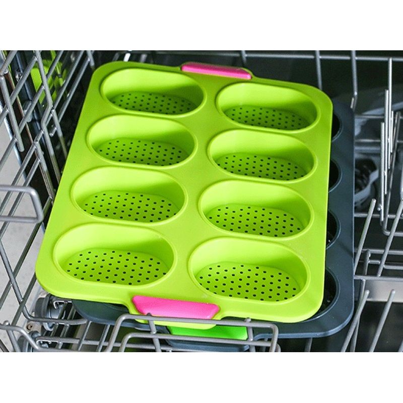 Casa si Gradina - Bucatarie si vesela - Vase pentru gatit - Tavi copt - Forme de Silicon pentru Copt, Flippy, 8 Forme Ovale, pentru Paine si Prajituri, 34.5 x 23.8 x 2.5 cm, Verde/Roz - Infinity.ro