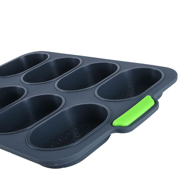Casa si Gradina - Bucatarie si vesela - Vase pentru gatit - Tavi copt - Forme de Silicon pentru Copt, Flippy, 8 Forme Ovale, pentru Paine si Prajituri, 34.5 x 23.8 x 2.5 cm, Negru/Verde - Infinity.ro