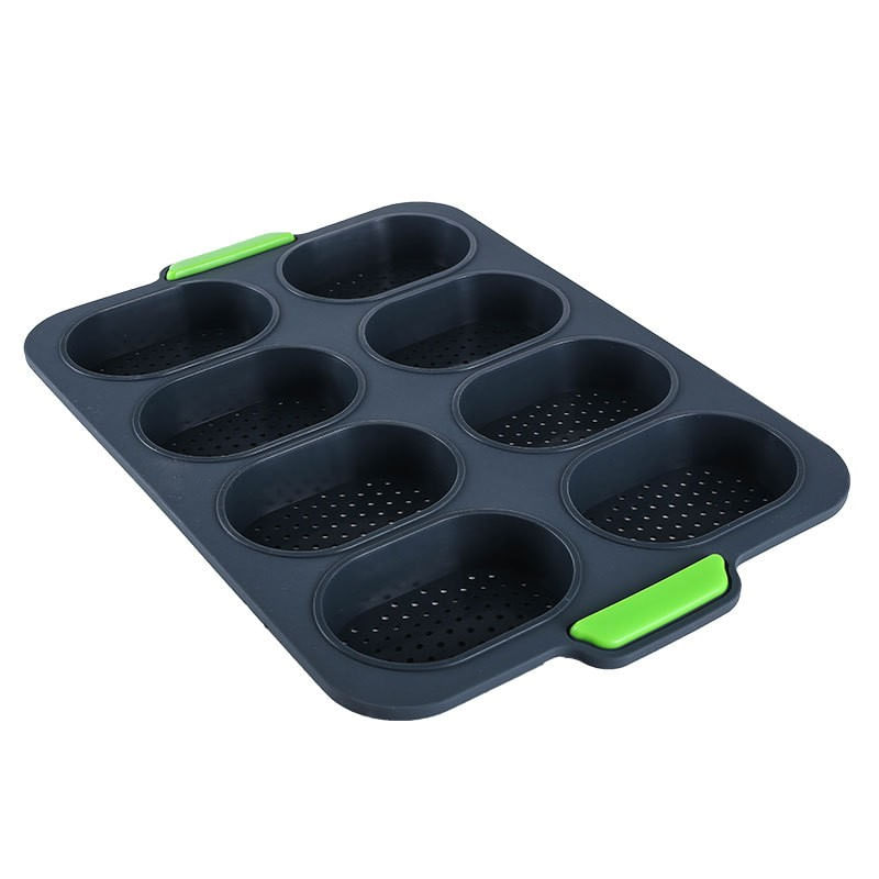 Casa si Gradina - Bucatarie si vesela - Vase pentru gatit - Tavi copt - Forme de Silicon pentru Copt, Flippy, 8 Forme Ovale, pentru Paine si Prajituri, 34.5 x 23.8 x 2.5 cm, Negru/Verde - Infinity.ro