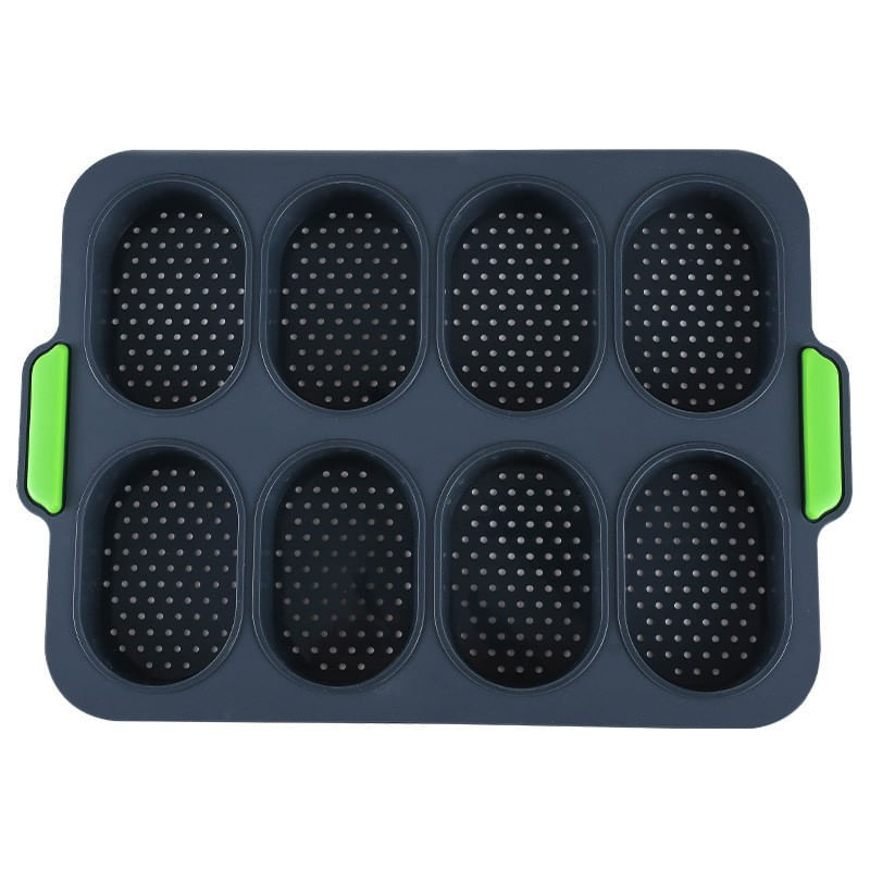 Casa si Gradina - Bucatarie si vesela - Vase pentru gatit - Tavi copt - Forme de Silicon pentru Copt, Flippy, 8 Forme Ovale, pentru Paine si Prajituri, 34.5 x 23.8 x 2.5 cm, Negru/Verde - Infinity.ro