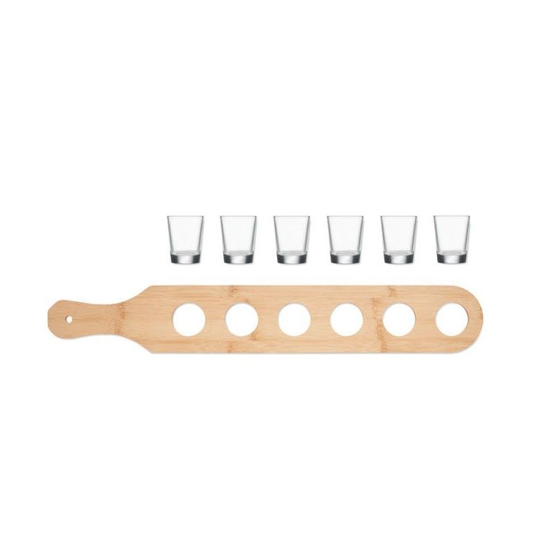 Casa si Gradina - Bucatarie si vesela - Cani si pahare - Pahare - Set 6 Pahare Shot din Sticla Flippy, cu Suport din Lemn, Design Rustic, 49.5 x 7 x 6.5 cm, Maro - Infinity.ro