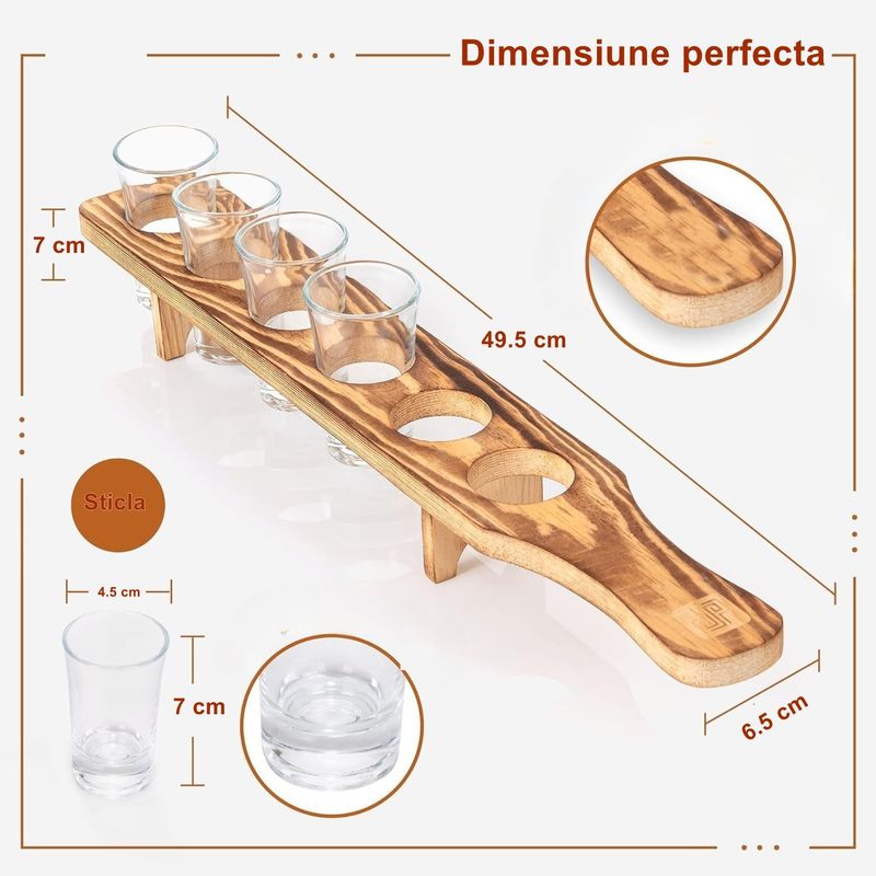 Casa si Gradina - Bucatarie si vesela - Cani si pahare - Pahare - Set 6 Pahare Shot din Sticla Flippy, cu Suport din Lemn, Design Rustic, 49.5 x 7 x 6.5 cm, Maro - Infinity.ro