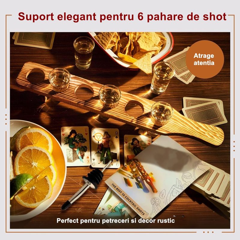 Casa si Gradina - Bucatarie si vesela - Cani si pahare - Pahare - Set 6 Pahare Shot din Sticla Flippy, cu Suport din Lemn, Design Rustic, 49.5 x 7 x 6.5 cm, Maro - Infinity.ro