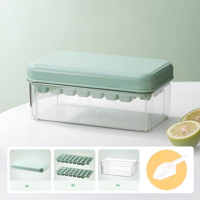 Casa si Gradina - Bucatarie si vesela - Accesorii bar - Forme cuburi de gheata - Set Cutie pentru Gheata, Flippy, Uz Casnic, Doua Tavite pentru Cuburi, Capac Etans, Lopata, 23.5x13.3x10 cm, Verde - Infinity.ro
