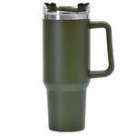Casa si Gradina - Bucatarie si vesela - Accesorii bar - Termosuri si Cani termos - Cana Termos din Plastic, Flippy, pentru Bauturi Calde si Reci, cu Maner, 9.9x9.9x27 cm, Verde Army - Infinity.ro