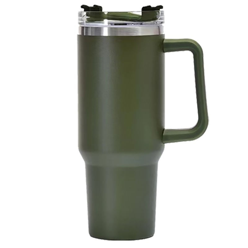 Casa si Gradina - Bucatarie si vesela - Accesorii bar - Termosuri si Cani termos - Cana Termos din Plastic, Flippy, pentru Bauturi Calde si Reci, cu Maner, 9.9x9.9x27 cm, Verde Army - Infinity.ro
