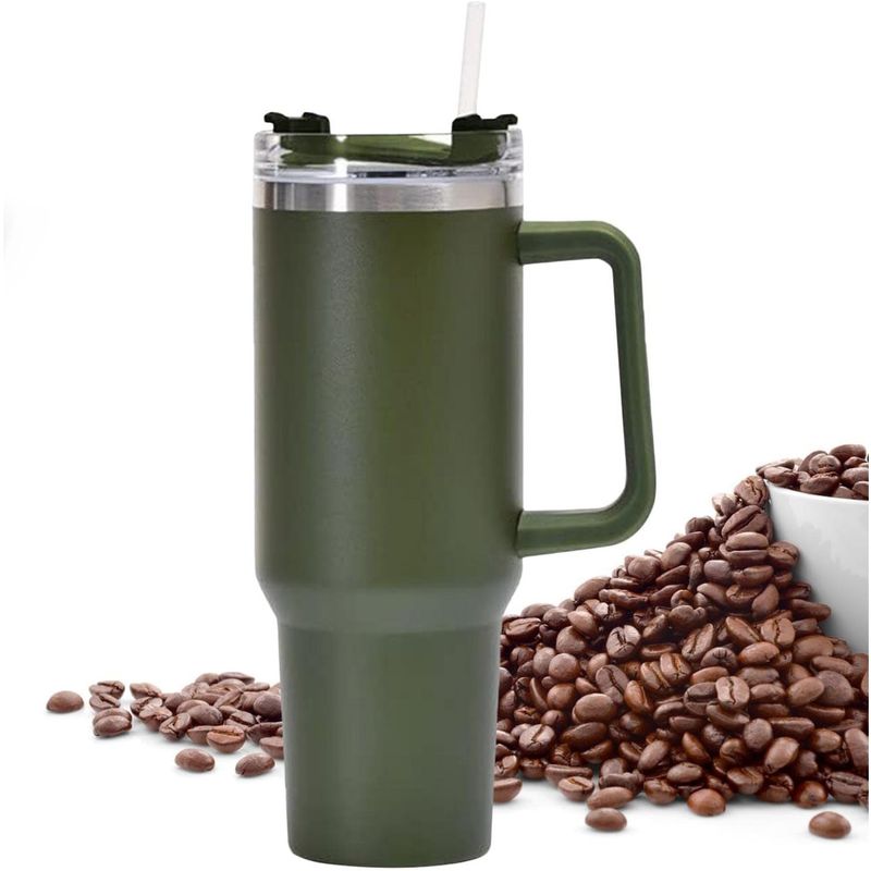 Casa si Gradina - Bucatarie si vesela - Accesorii bar - Termosuri si Cani termos - Cana Termos din Plastic, Flippy, pentru Bauturi Calde si Reci, cu Maner, 9.9x9.9x27 cm, Verde Army - Infinity.ro