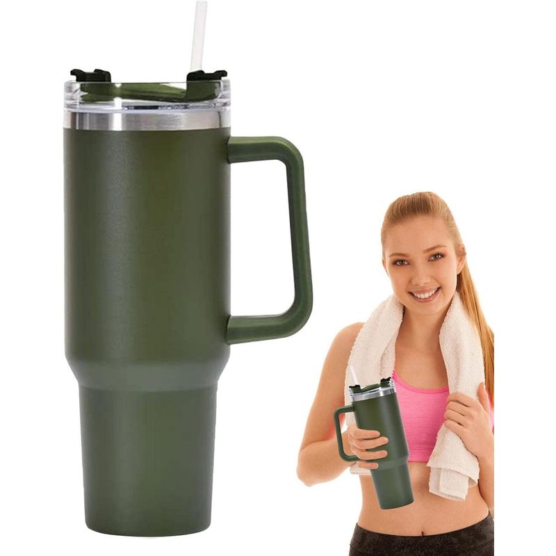 Casa si Gradina - Bucatarie si vesela - Accesorii bar - Termosuri si Cani termos - Cana Termos din Plastic, Flippy, pentru Bauturi Calde si Reci, cu Maner, 9.9x9.9x27 cm, Verde Army - Infinity.ro