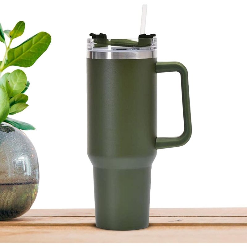 Casa si Gradina - Bucatarie si vesela - Accesorii bar - Termosuri si Cani termos - Cana Termos din Plastic, Flippy, pentru Bauturi Calde si Reci, cu Maner, 9.9x9.9x27 cm, Verde Army - Infinity.ro