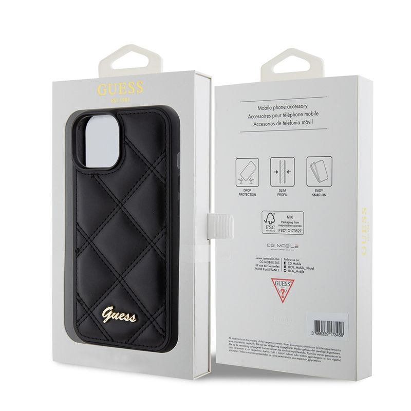 Laptop, Telefoane si Tablete - Telefoane mobile si accesorii - Accesorii Telefoane - Huse telefoane - Husa pentru iPhone 15 - Guess Quilted Metal Logo (GUHCP15SPSQSQSK) - Negru - Infinity.ro