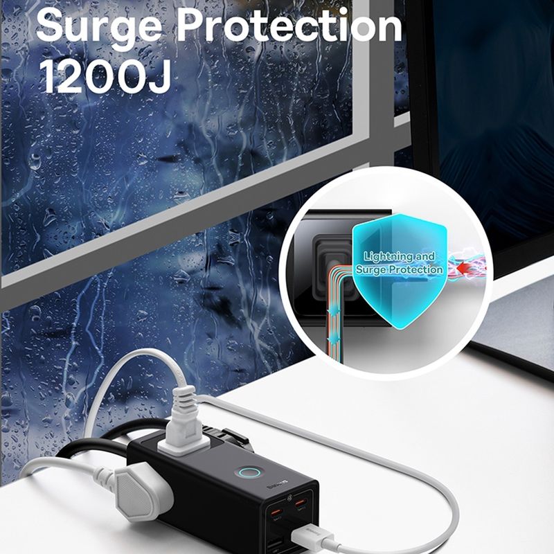 Laptop, Telefoane si Tablete - Telefoane mobile si accesorii - Accesorii Telefoane - Incarcatoare telefoane - Incarcator 3xAC, 2xUSB, 2x Type-C, 65W, Cablu 100W - Baseus (PSLA020101) - Negru - Infinity.ro