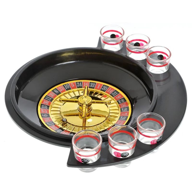 Jucarii, Copii si Bebe - Jucarii si jocuri - Jocuri si puzzle - Jocuri de societate - Joc de Baut Ruleta Flippy, cu 6 Pahare de Shot din Sticla , 30 x 26.5 x 6.5 cm, Rosu/Negru - Infinity.ro