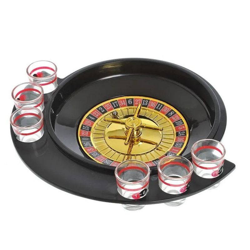 Jucarii, Copii si Bebe - Jucarii si jocuri - Jocuri si puzzle - Jocuri de societate - Joc de Baut Ruleta Flippy, cu 6 Pahare de Shot din Sticla , 30 x 26.5 x 6.5 cm, Rosu/Negru - Infinity.ro