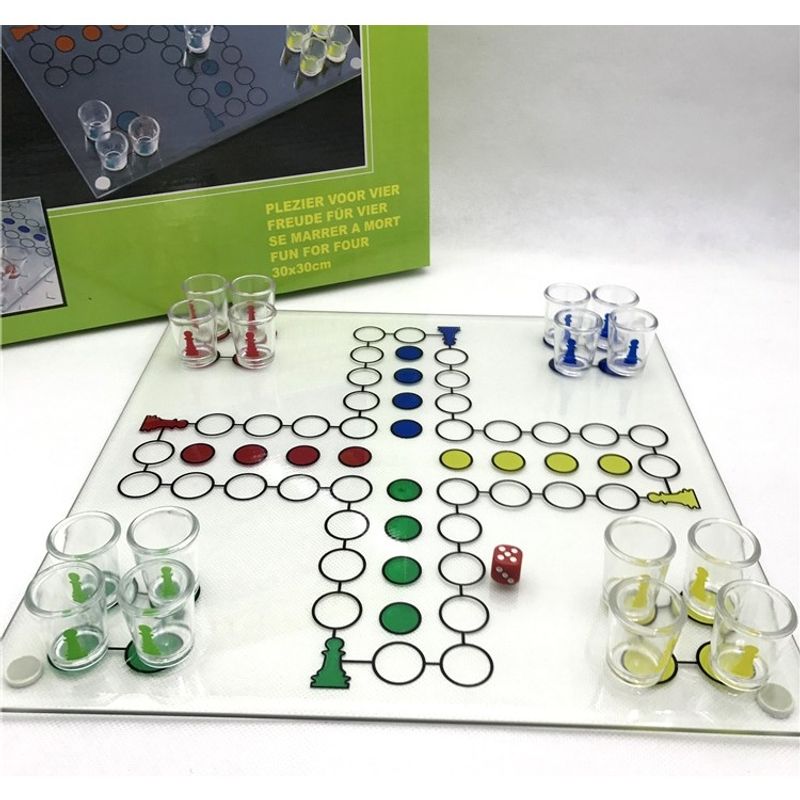 Jucarii, Copii si Bebe - Jucarii si jocuri - Jocuri si puzzle - Jocuri de societate - Joc de baut, Nu te supara frate, Flippy, cu pahare de shot din sticla, 30x30 cm, multicolor - Infinity.ro