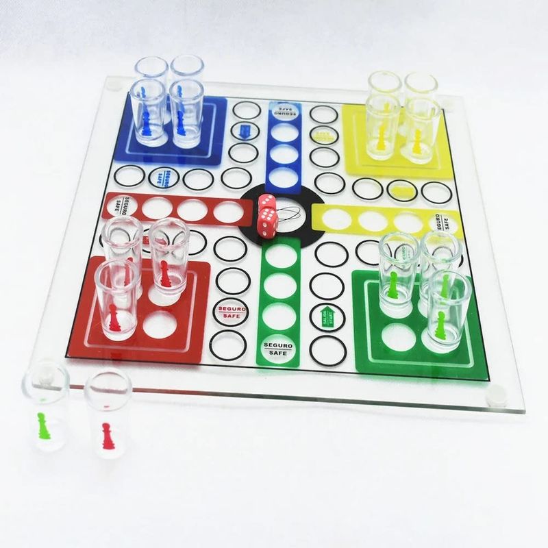 Jucarii, Copii si Bebe - Jucarii si jocuri - Jocuri si puzzle - Jocuri de societate - Joc de baut, Nu te supara frate, Flippy, cu pahare de shot din sticla, 30x30 cm, multicolor - Infinity.ro