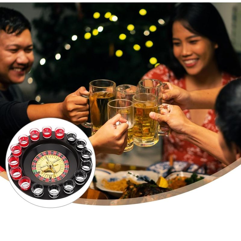 Jucarii, Copii si Bebe - Jucarii si jocuri - Jocuri si puzzle - Jocuri de societate - Joc de Ruleta Flippy, cu Pahare de Shot si Plansa de Joc Blackjack, 31 cm, Multicolor - Infinity.ro