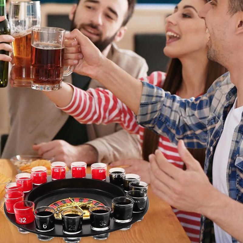 Jucarii, Copii si Bebe - Jucarii si jocuri - Jocuri si puzzle - Jocuri de societate - Joc de Ruleta Flippy, cu Pahare de Shot si Plansa de Joc Blackjack, 31 cm, Multicolor - Infinity.ro