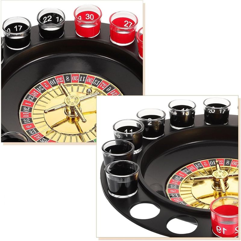 Jucarii, Copii si Bebe - Jucarii si jocuri - Jocuri si puzzle - Jocuri de societate - Joc de Ruleta Flippy, cu Pahare de Shot si Plansa de Joc Blackjack, 31 cm, Multicolor - Infinity.ro