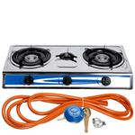 Sport si Outdoor - Camping - Bucatarie de camping - Arzatoare si accesorii - Aragaz din inox, 3 ochiuri, aprindere pe quartz + Kit reglabil gpl RH-10 + Tub flex 2M+2 Coliere - Infinity.ro