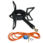 Sport si Outdoor - Camping - Bucatarie de camping - Arzatoare si accesorii - Arzator GPL rotund, pirostrie din fonta, model elicopter +  Kit reglabil gpl RH-10 + Tub flex 2M+2 Coliere - Infinity.ro
