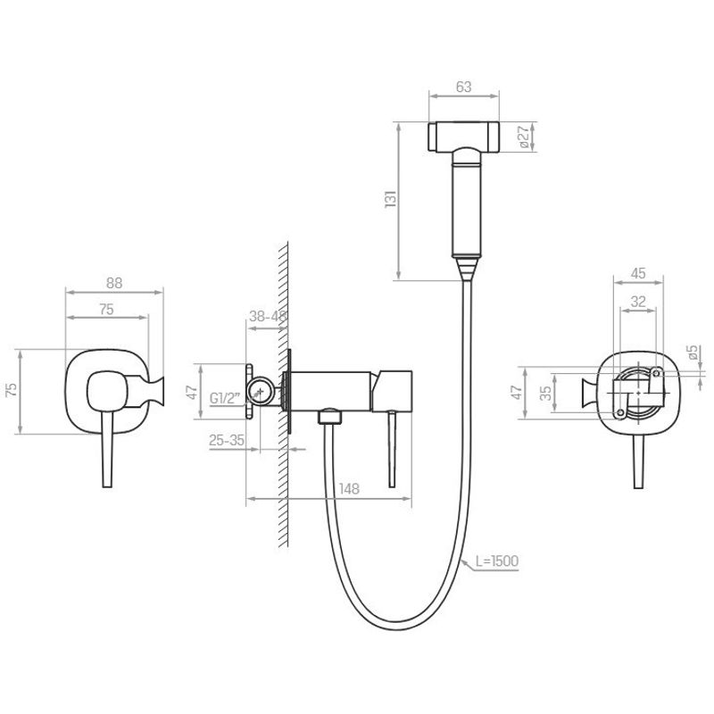 Casa si Gradina - Sanitare - Lavoar baie si accesorii - Baterii sanitare - Set dus igienic cu baterie incastrata, furtun si suport, negru - Infinity.ro