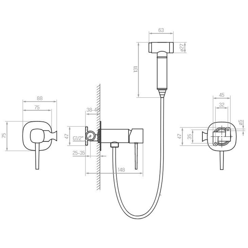 Casa si Gradina - Sanitare - Lavoar baie si accesorii - Baterii sanitare - Set dus igienic cu baterie incastrata, furtun si suport, crom - Infinity.ro