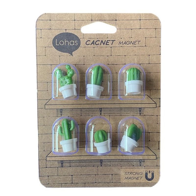 Casa si Gradina - Decoratiuni - Obiecte decorative - Magneti decorativi - Set 6 Magneti de Frigider, Flippy, Model Cactusi in Ghiveci, din ABS si Magnet, Verde/Alb - Infinity.ro