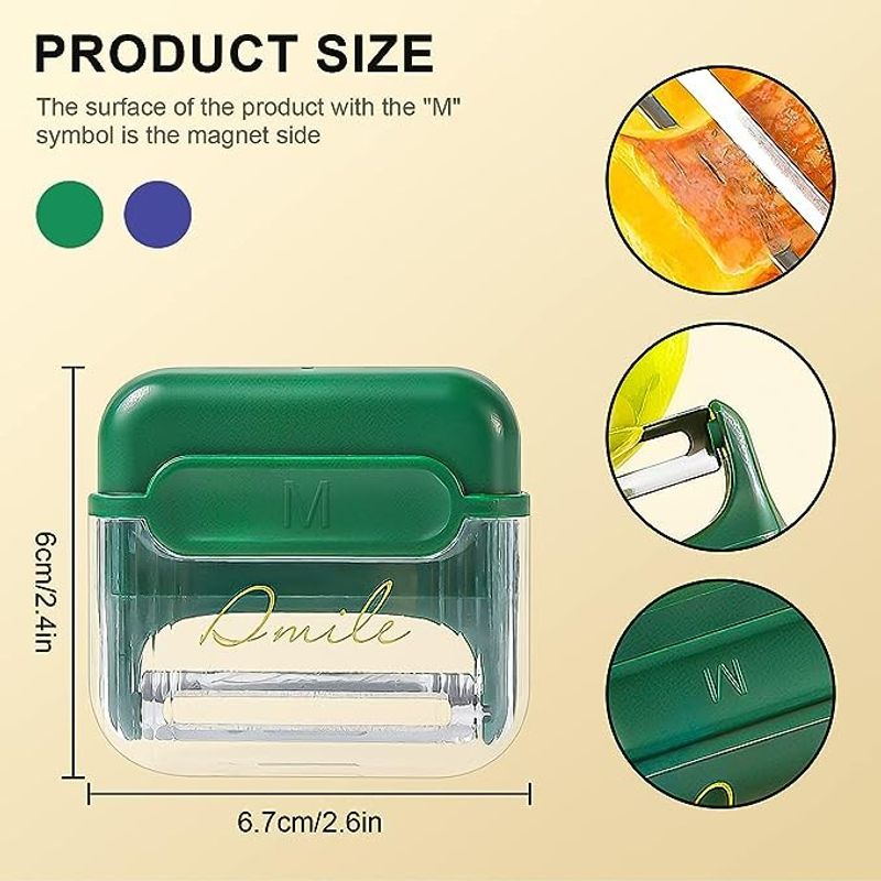 Casa si Gradina - Bucatarie si vesela - Ustensile bucatarie - Razatori si curatatoare - Decojitor/Curatator manual de legume si fructe, Flippy, portabil, cu magnet, doua lame, Inox, Verde, 6.7x6x1.6 cm - Infinity.ro