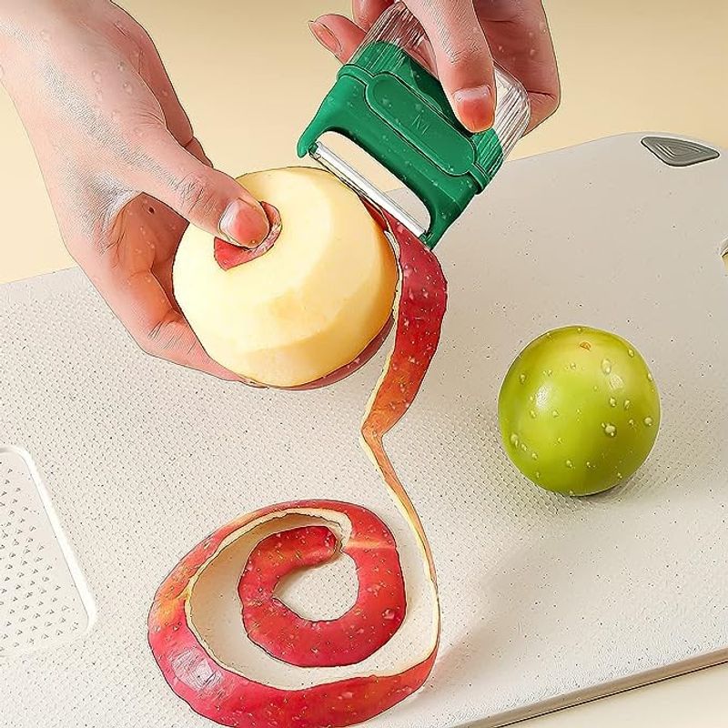 Casa si Gradina - Bucatarie si vesela - Ustensile bucatarie - Razatori si curatatoare - Decojitor/Curatator manual de legume si fructe, Flippy, portabil, cu magnet, doua lame, Inox, Verde, 6.7x6x1.6 cm - Infinity.ro