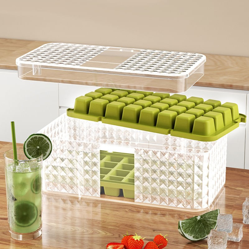 Casa si Gradina - Bucatarie si vesela - Accesorii bar - Forme cuburi de gheata - Set 3 forme pentru gheata si o caserola pentru depozitare Flippy, 96 de cuburi, verde - Infinity.ro