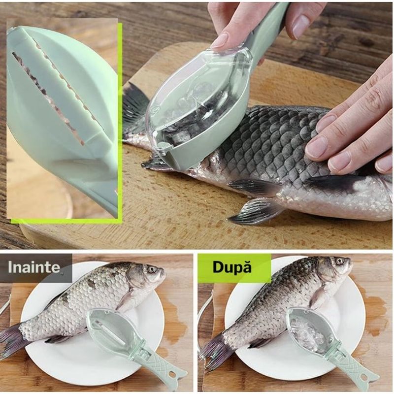 Casa si Gradina - Bucatarie si vesela - Ustensile bucatarie - Razatori si curatatoare - Curatator Manual Solzi de Peste, Flippy, Forma Peste , Recipient cu Capcac pentru Solzi, Plastic, Verde deschis, 16x6 cm - Infinity.ro