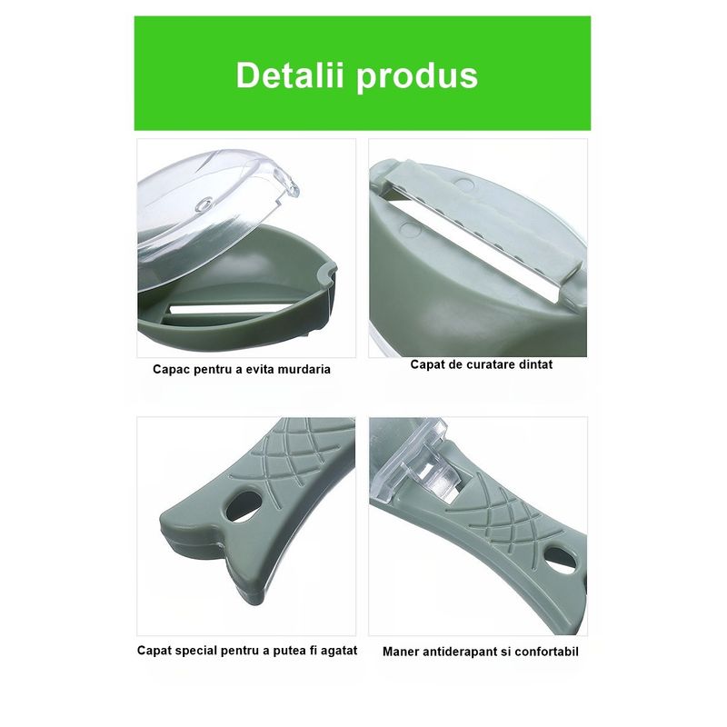 Casa si Gradina - Bucatarie si vesela - Ustensile bucatarie - Razatori si curatatoare - Curatator Manual Solzi de Peste, Flippy, Forma Peste , Recipient cu Capcac pentru Solzi, Plastic, Verde deschis, 16x6 cm - Infinity.ro