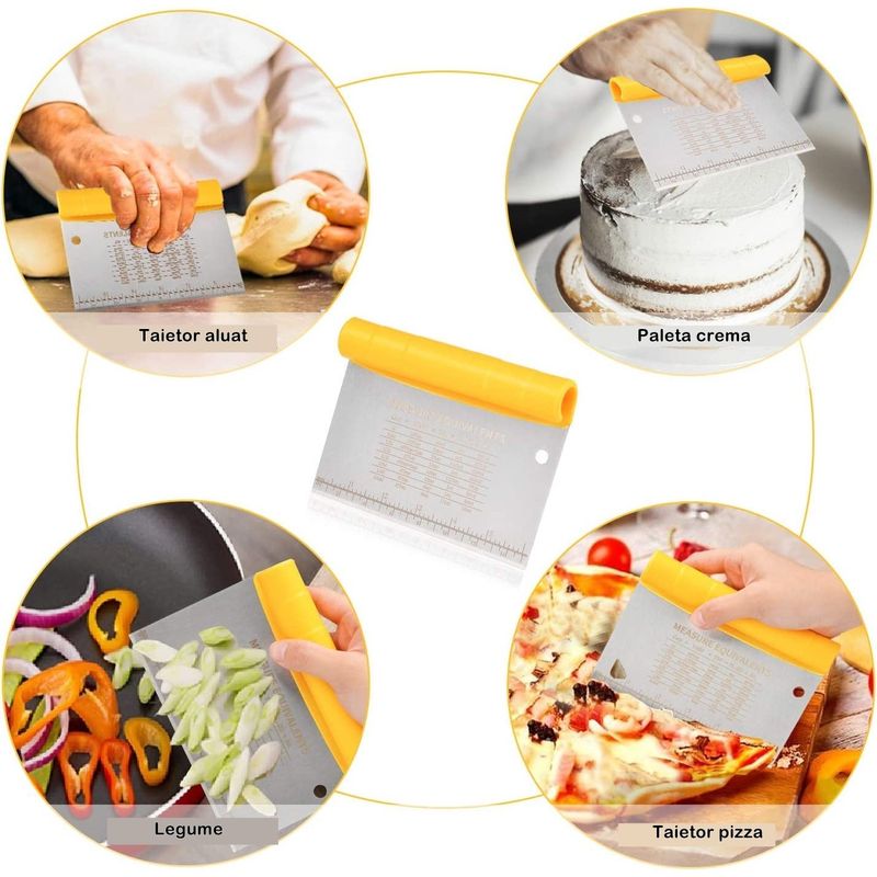 Casa si Gradina - Bucatarie si vesela - Ustensile bucatarie - Polonice, linguri si clesti de bucatarie - Taietor aluat 15 x 10.5 cm Flippy, 2 in 1, lama otel inoxidabil, maner din ABS, gradat, paleta plastic, galben - Infinity.ro