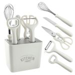 Casa si Gradina - Bucatarie si vesela - Ustensile bucatarie - Pensule, spatule si teluri bucatarie - Set 6 ustensile bucatarie Flippy, cu suport inclus, desfacator, curatator legume, foarfeca, cutit, tel, ABS si inox, alb - Infinity.ro