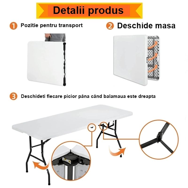 Sport si Outdoor - Camping - Mobilier pentru camping - Mese camping - Masa pliabila din plastic, cadru metalic,180x70 cm - Infinity.ro