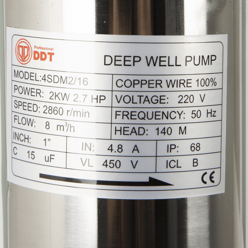 Casa si Gradina - Gradinarit si plante - Instalatii si accesorii pentru irigatii - Pompe apa - Pompa submersibila de mare adancime, DDT 16 turbine 4SDM2-16, 2000 W, 140 m inaltime, 8 mc/h, 1.5" - Infinity.ro