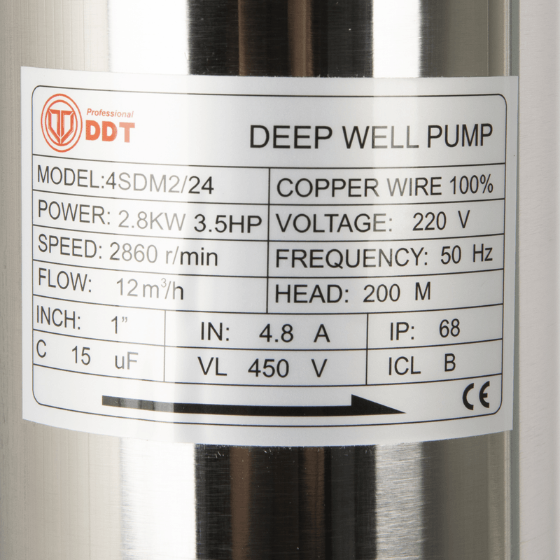 Casa si Gradina - Gradinarit si plante - Instalatii si accesorii pentru irigatii - Pompe apa - Pompa submersibila de mare adancime, DDT 24 turbine 4SDM2-24, 2800 W, 200 m inaltime, 12 mc/h, 1.5" - Infinity.ro