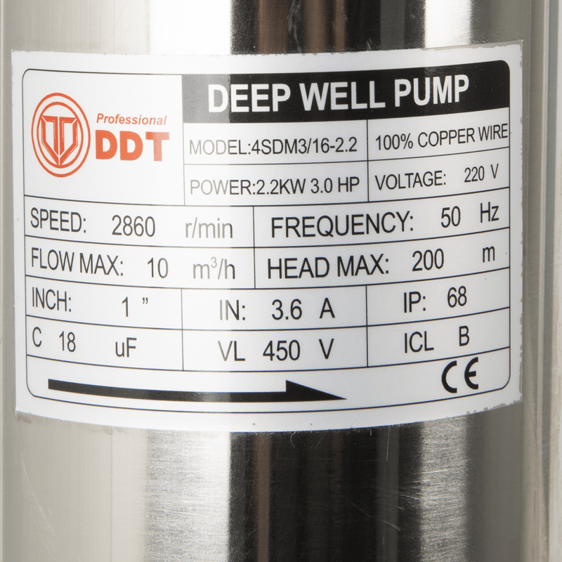 Casa si Gradina - Gradinarit si plante - Instalatii si accesorii pentru irigatii - Pompe apa - Pompa submersibila de mare adancime, DDT 16 turbine 4SDM3-16, 2200 W, 200 m inaltime, 10 mc/h, 1.25", 30 m cablu - Infinity.ro