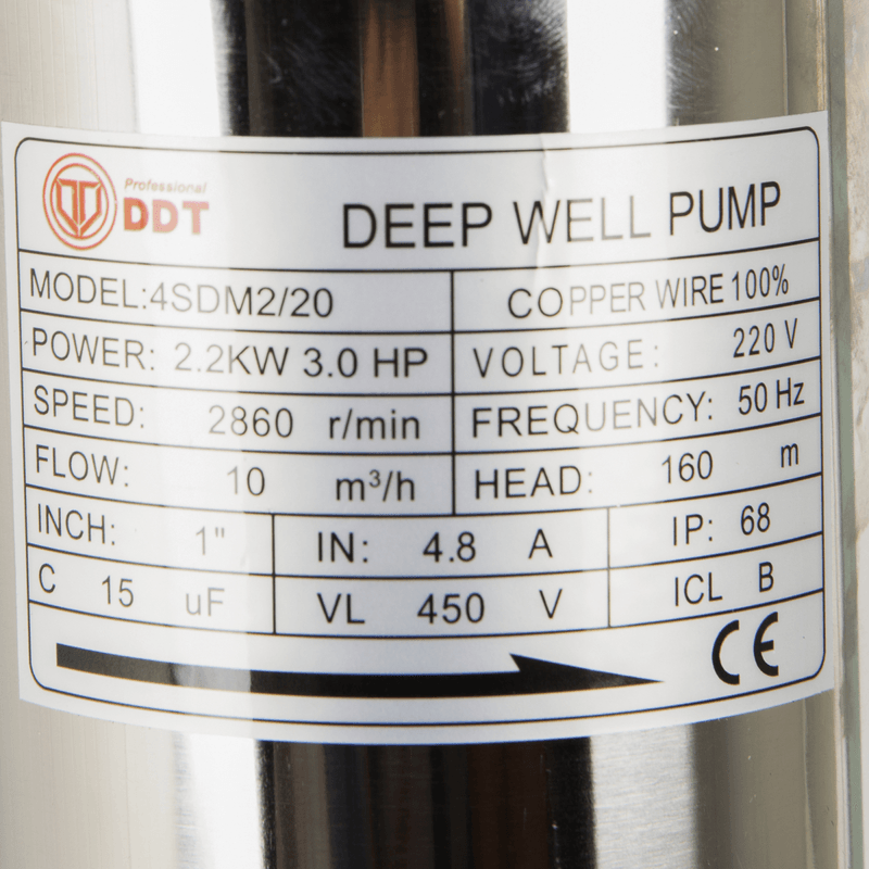 Casa si Gradina - Gradinarit si plante - Instalatii si accesorii pentru irigatii - Pompe apa - Pompa submersibila de mare adancime, DDT 20 turbine 4SDM2-20, 2200 W, 160 m inaltime, 10 mc/h, 1.5" - Infinity.ro