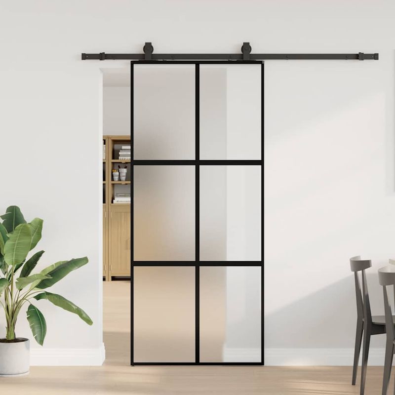 Casa si Gradina - Constructii - Usi interior, exterior si garaj - Usi interior - Usa glisanta cu set feronerie neagra 90x205cm sticla securizata - Infinity.ro