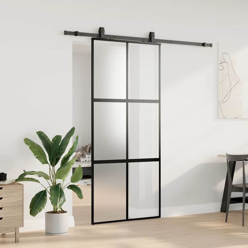 Casa si Gradina - Constructii - Usi interior, exterior si garaj - Usi interior - Usa glisanta cu set feronerie neagra 90x205cm sticla securizata - Infinity.ro