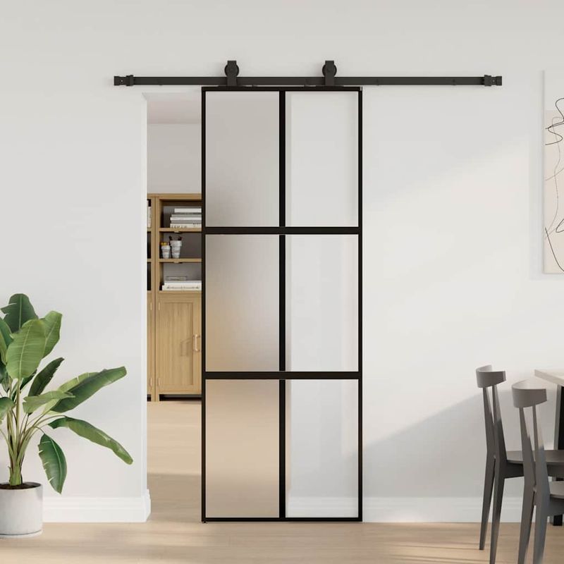 Casa si Gradina - Constructii - Usi interior, exterior si garaj - Usi interior - Usa glisanta cu set feronerie neagra 76x205cm sticla securizata - Infinity.ro
