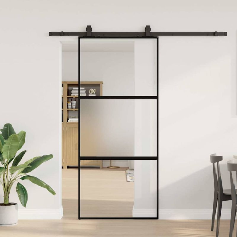 Casa si Gradina - Constructii - Usi interior, exterior si garaj - Usi interior - Usa glisanta cu set feronerie neagra 90x205cm sticla securizata - Infinity.ro