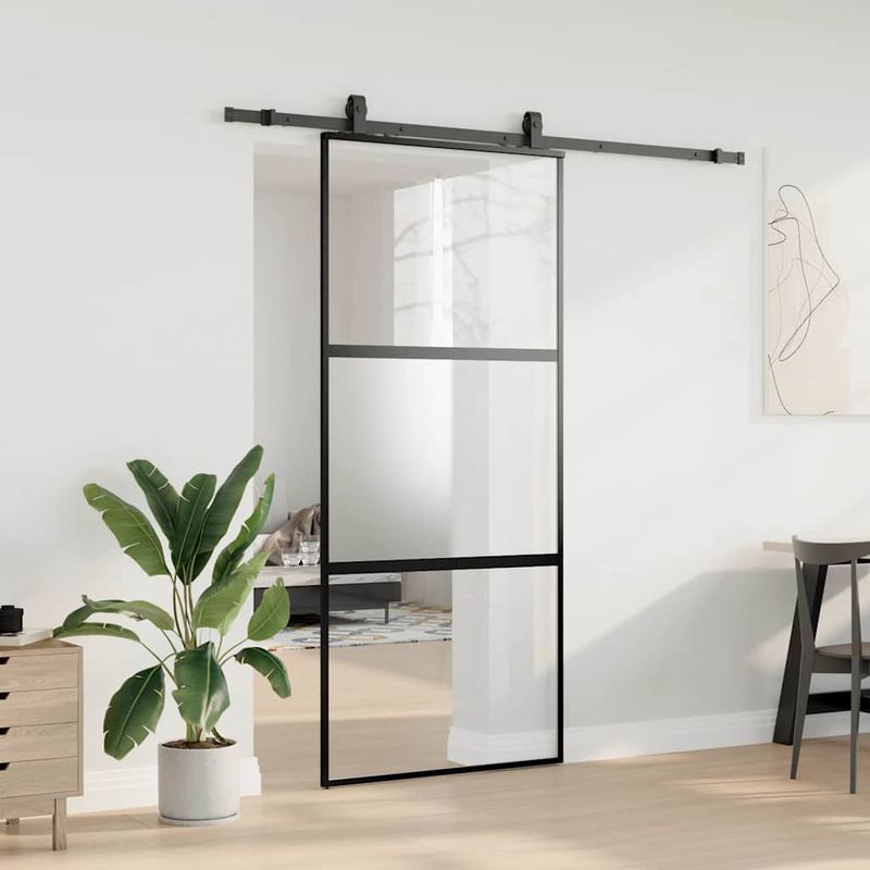Casa si Gradina - Constructii - Usi interior, exterior si garaj - Usi interior - Usa glisanta cu set feronerie neagra 90x205cm sticla securizata - Infinity.ro