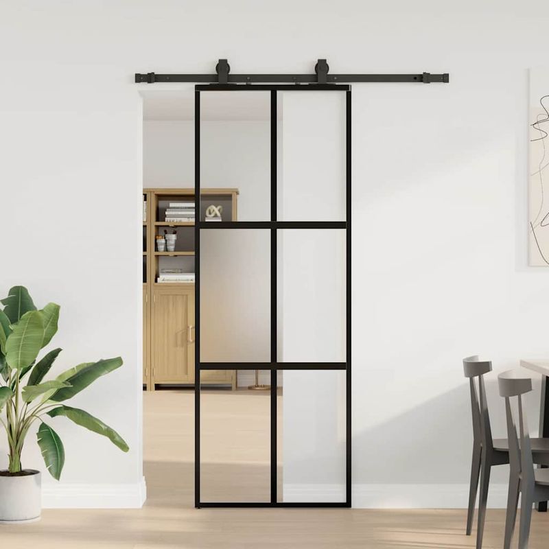 Casa si Gradina - Constructii - Usi interior, exterior si garaj - Usi interior - Usa glisanta cu set feronerie neagra 76x205cm sticla securizata - Infinity.ro