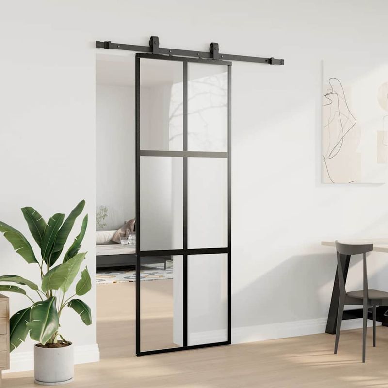 Casa si Gradina - Constructii - Usi interior, exterior si garaj - Usi interior - Usa glisanta cu set feronerie neagra 76x205cm sticla securizata - Infinity.ro